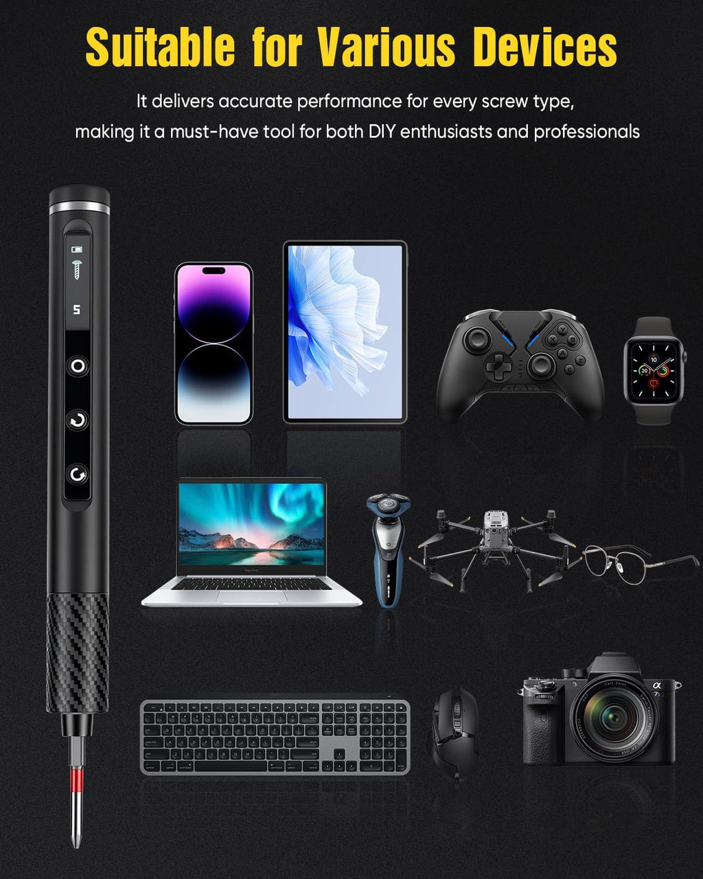 68-in-1 Mini Electric Screwdriver, 2026 Upgraded Mini Precision Electric Screwdriver Set with LED light, 5-Torque magnetic screwdriver kit for Repair PC phone Electronics Camera Laptop Watch (Black)