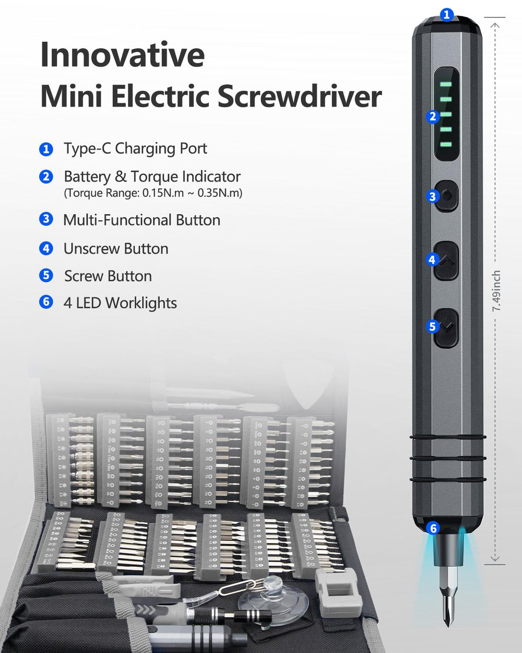 Mini Electric Screwdriver Set 140-IN-1: UnaMela Small Electric Screwdriver Cordless - 120 Precision Bits, 5 Torque Settings, LED Light, Magnetic Power Screwdriver Repair Tool Kit for PC RC Electronics