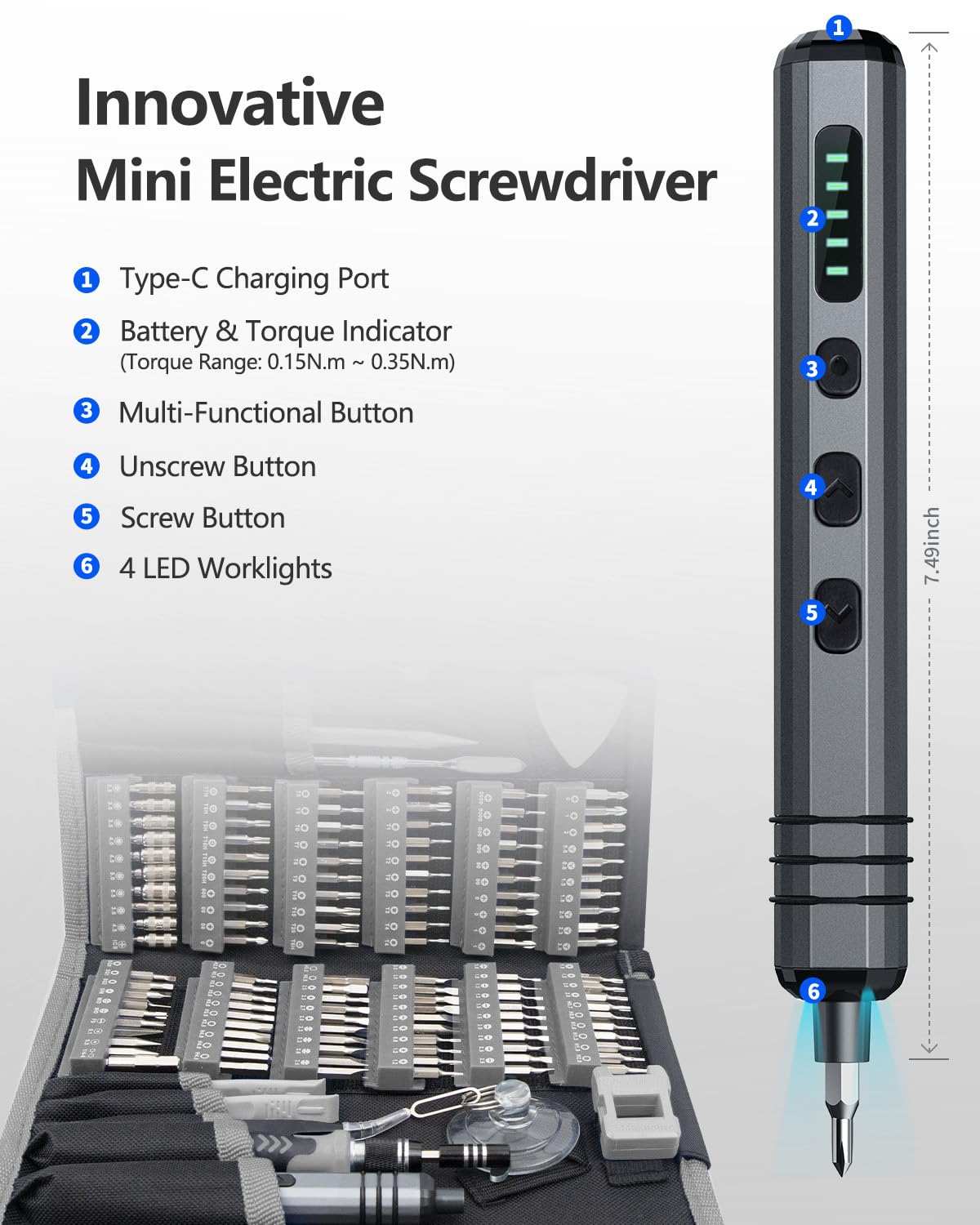 Mini Electric Screwdriver Set 140-IN-1: UnaMela Small Electric Screwdriver Cordless - 120 Precision Bits, 5 Torque Settings, LED Light, Magnetic Power Screwdriver Repair Tool Kit for PC RC Electronics