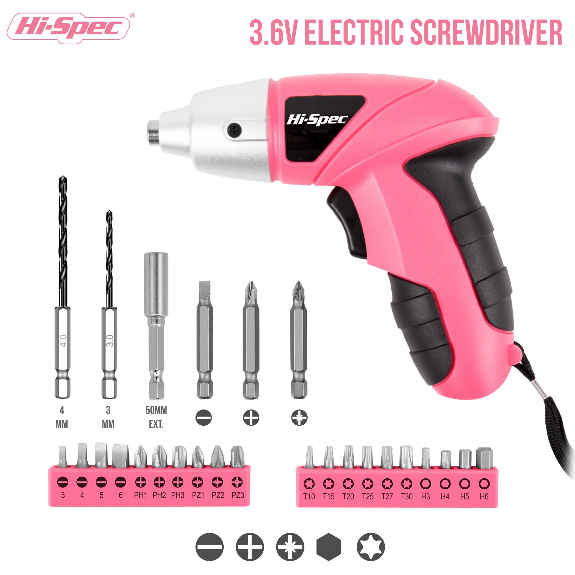 Hi-Spec Electric Screwdriver 19pc 3.6V Pink USB Small Power Screwdriver Set. Cordless & Rechargeable wtih Compact Hand Tool Box Set