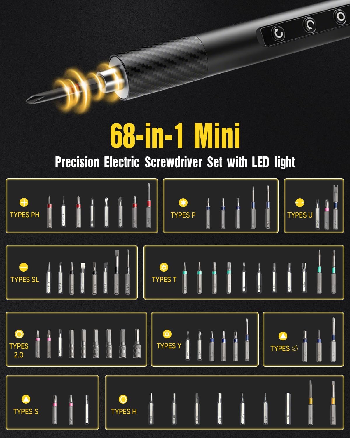 68-in-1 Mini Electric Screwdriver, 2026 Upgraded Mini Precision Electric Screwdriver Set with LED light, 5-Torque magnetic screwdriver kit for Repair PC phone Electronics Camera Laptop Watch (Black)