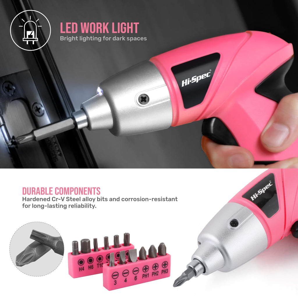 Hi-Spec Electric Screwdriver 19pc 3.6V Pink USB Small Power Screwdriver Set. Cordless & Rechargeable wtih Compact Hand Tool Box Set
