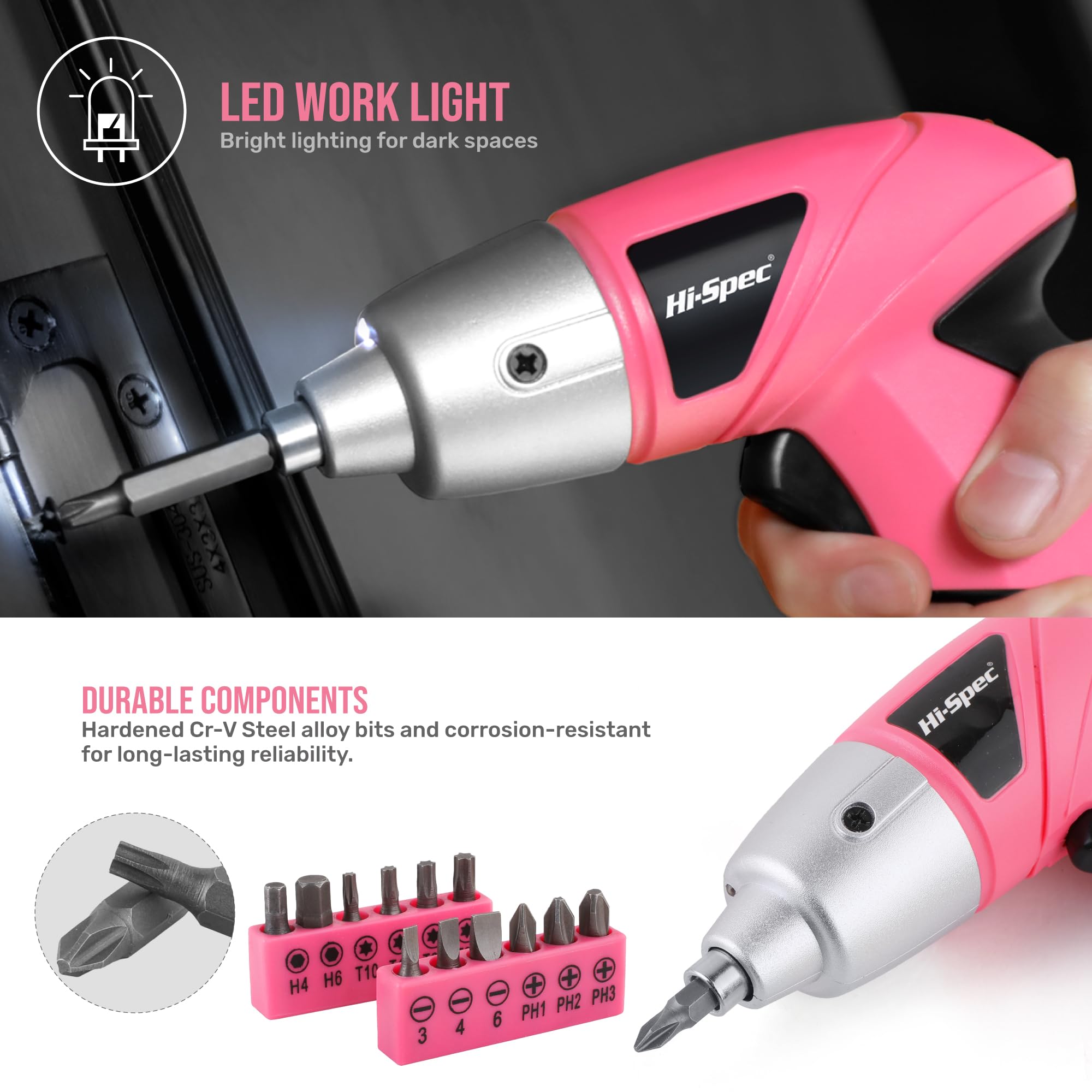 Hi-Spec Electric Screwdriver 19pc 3.6V Pink USB Small Power Screwdriver Set. Cordless & Rechargeable wtih Compact Hand Tool Box Set