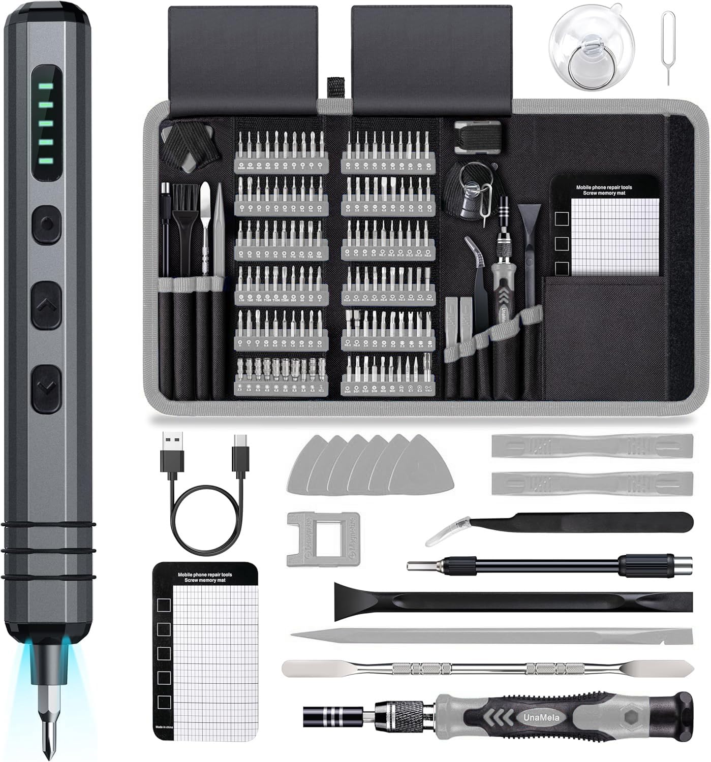 Mini Electric Screwdriver Set 140-IN-1: UnaMela Small Electric Screwdriver Cordless - 120 Precision Bits, 5 Torque Settings, LED Light, Magnetic Power Screwdriver Repair Tool Kit for PC RC Electronics