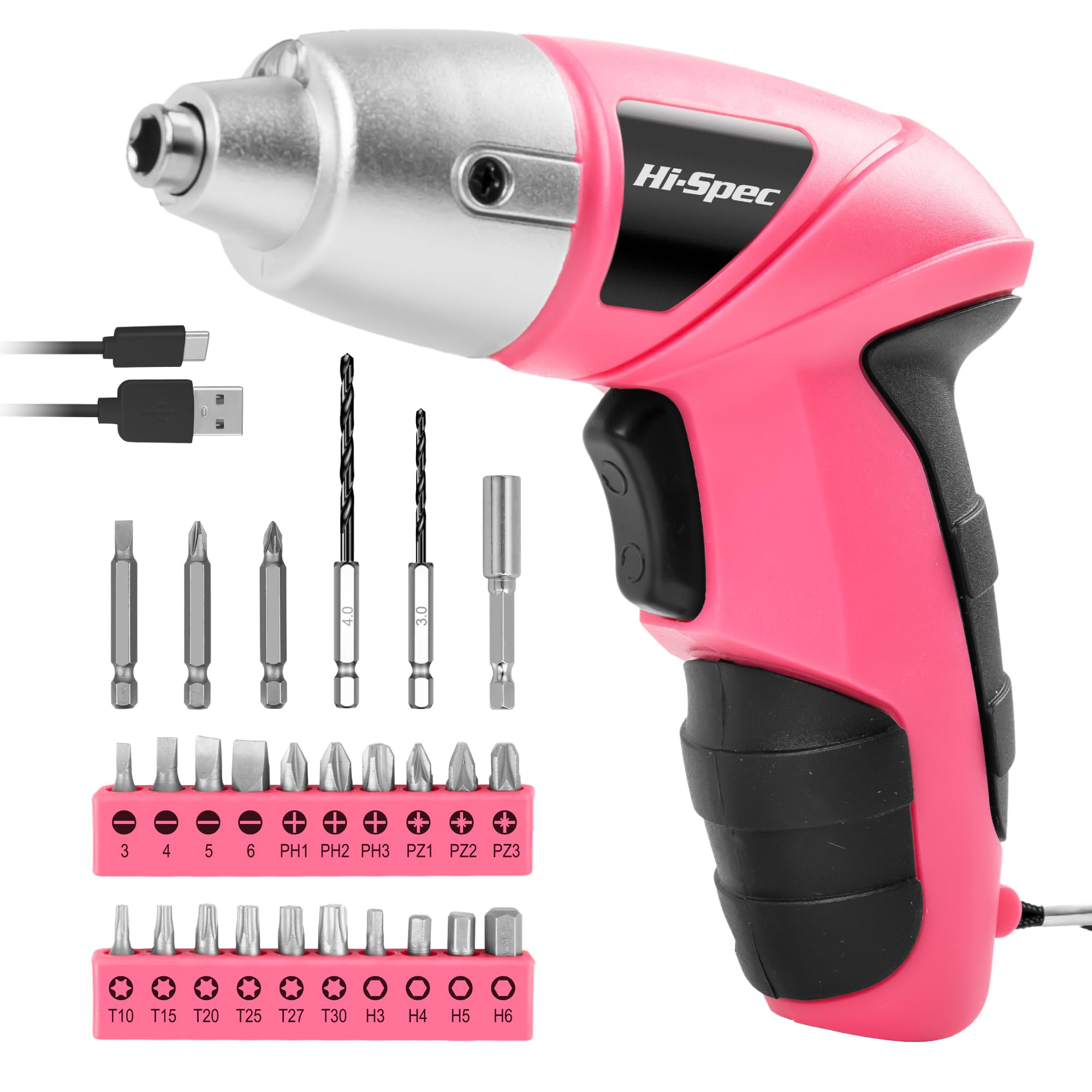 Hi-Spec Electric Screwdriver 19pc 3.6V Pink USB Small Power Screwdriver Set. Cordless & Rechargeable wtih Compact Hand Tool Box Set