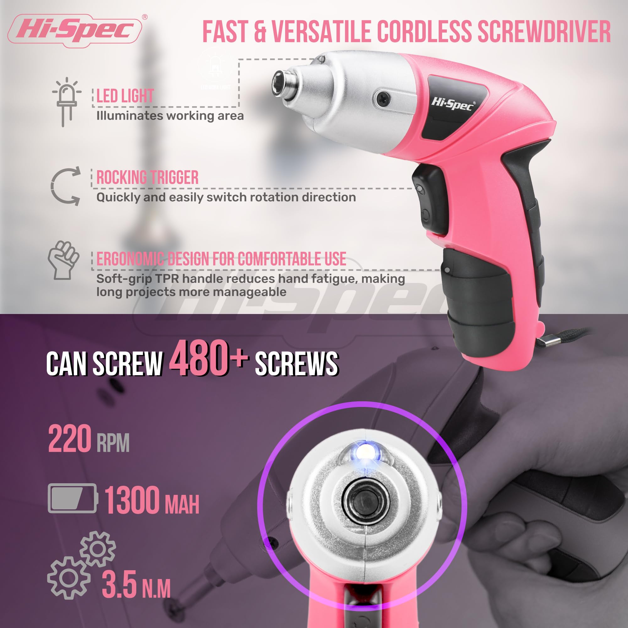 Hi-Spec Electric Screwdriver 19pc 3.6V Pink USB Small Power Screwdriver Set. Cordless & Rechargeable wtih Compact Hand Tool Box Set