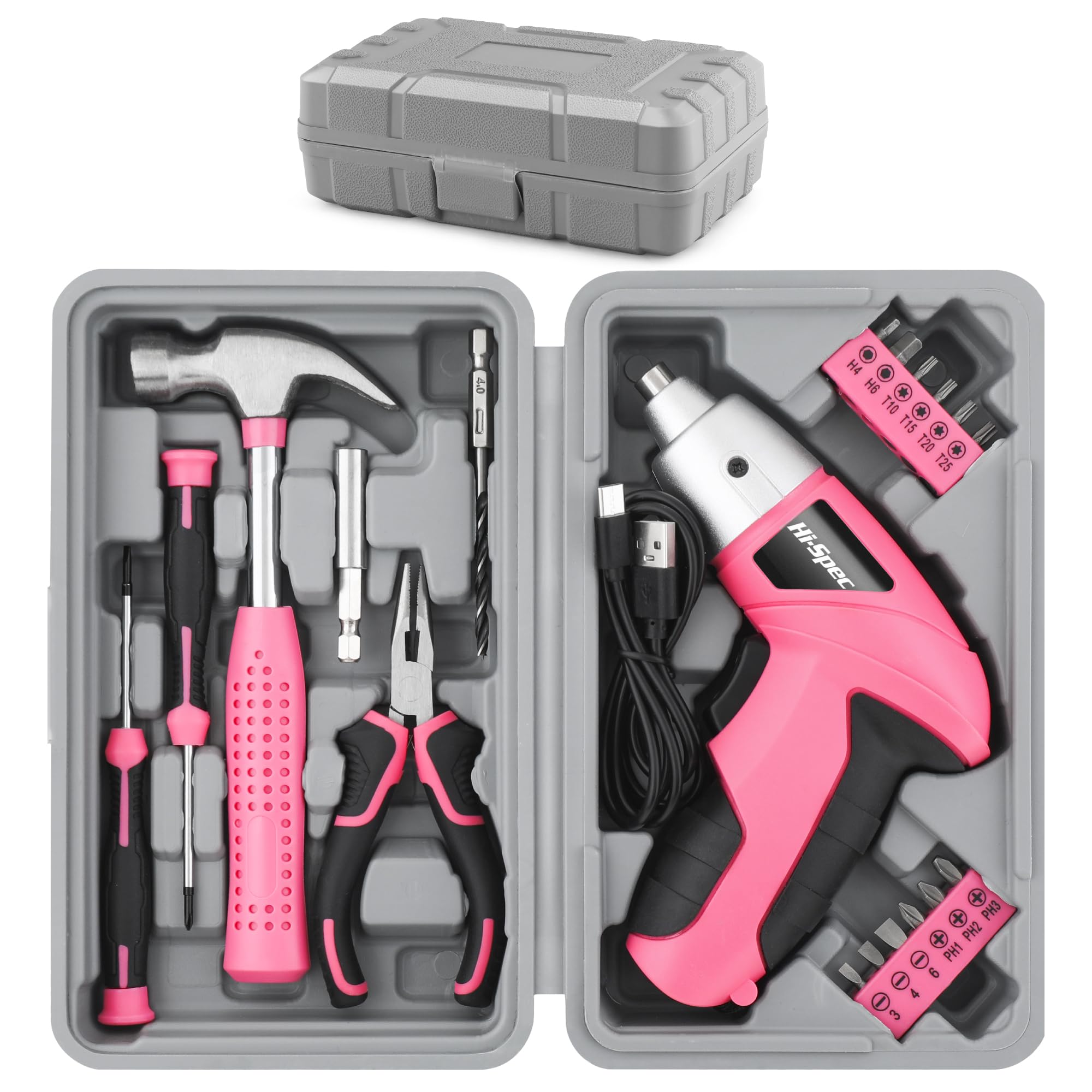 Hi-Spec Electric Screwdriver 19pc 3.6V Pink USB Small Power Screwdriver Set. Cordless & Rechargeable wtih Compact Hand Tool Box Set