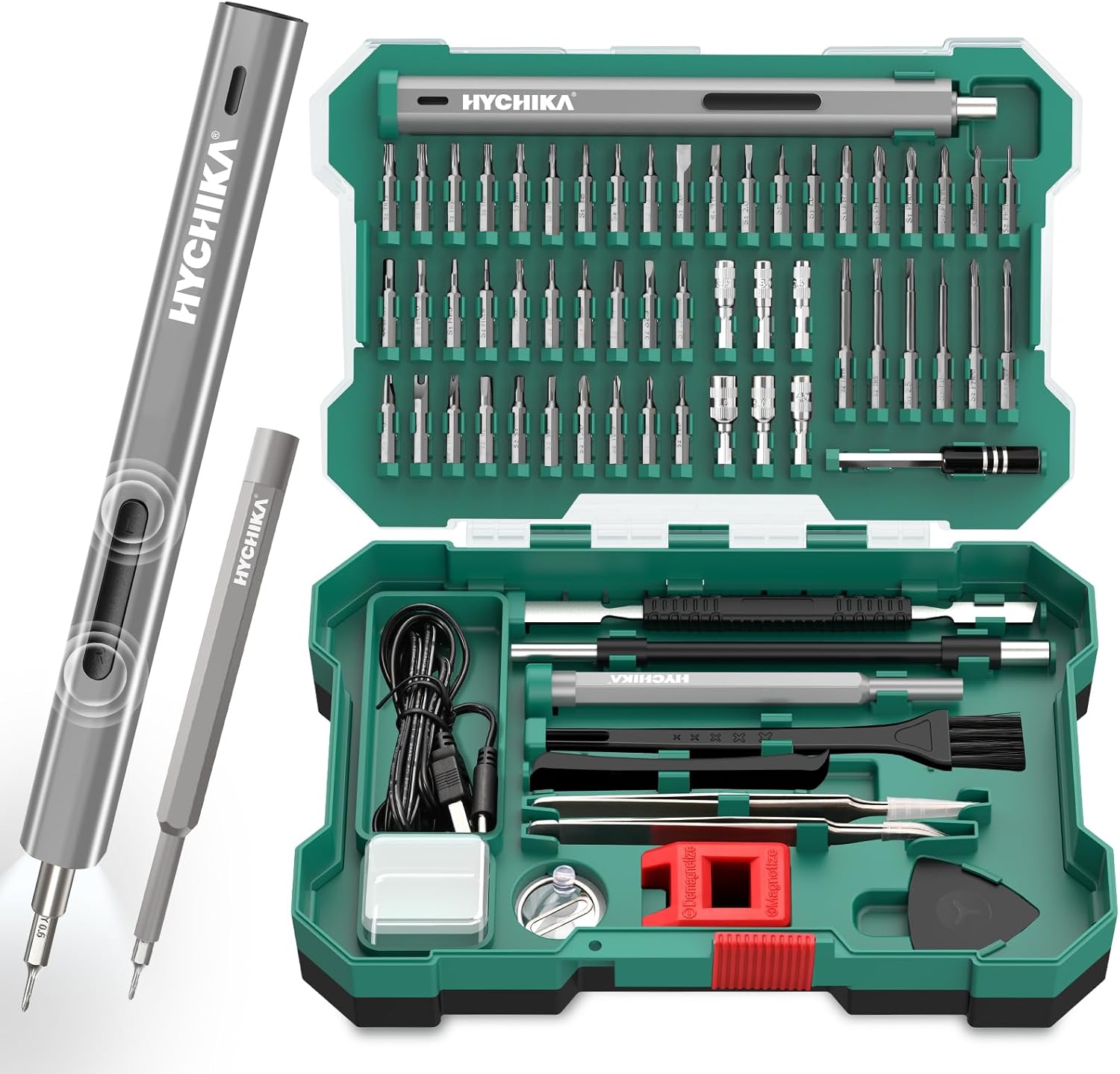 HYCHIKA Precision Screwdriver Set, Mini Electric Screwdriver 67-in-1 with 52 Magnetic Bits, 3 Torque Settings, LED Light & Rechargeable Repair Tool Kit for Computer Phone Camera