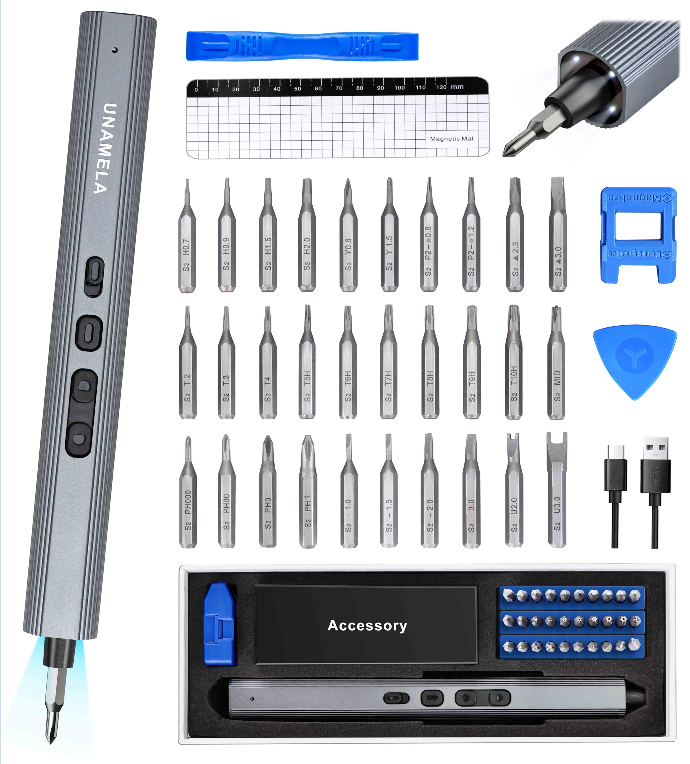 Mini Electric Screwdriver Set 140-IN-1: UnaMela Small Electric Screwdriver Cordless - 120 Precision Bits, 5 Torque Settings, LED Light, Magnetic Power Screwdriver Repair Tool Kit for PC RC Electronics