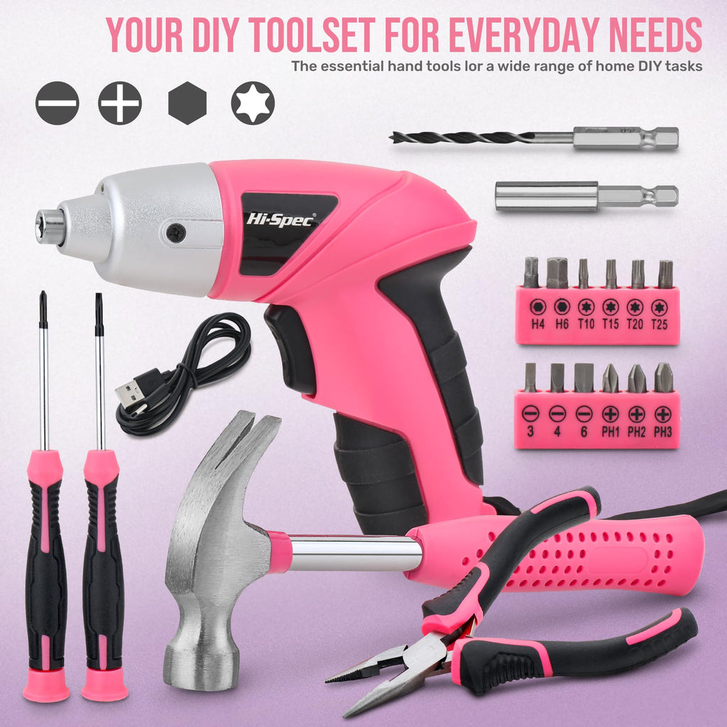 Hi-Spec Electric Screwdriver 19pc 3.6V Pink USB Small Power Screwdriver Set. Cordless & Rechargeable wtih Compact Hand Tool Box Set