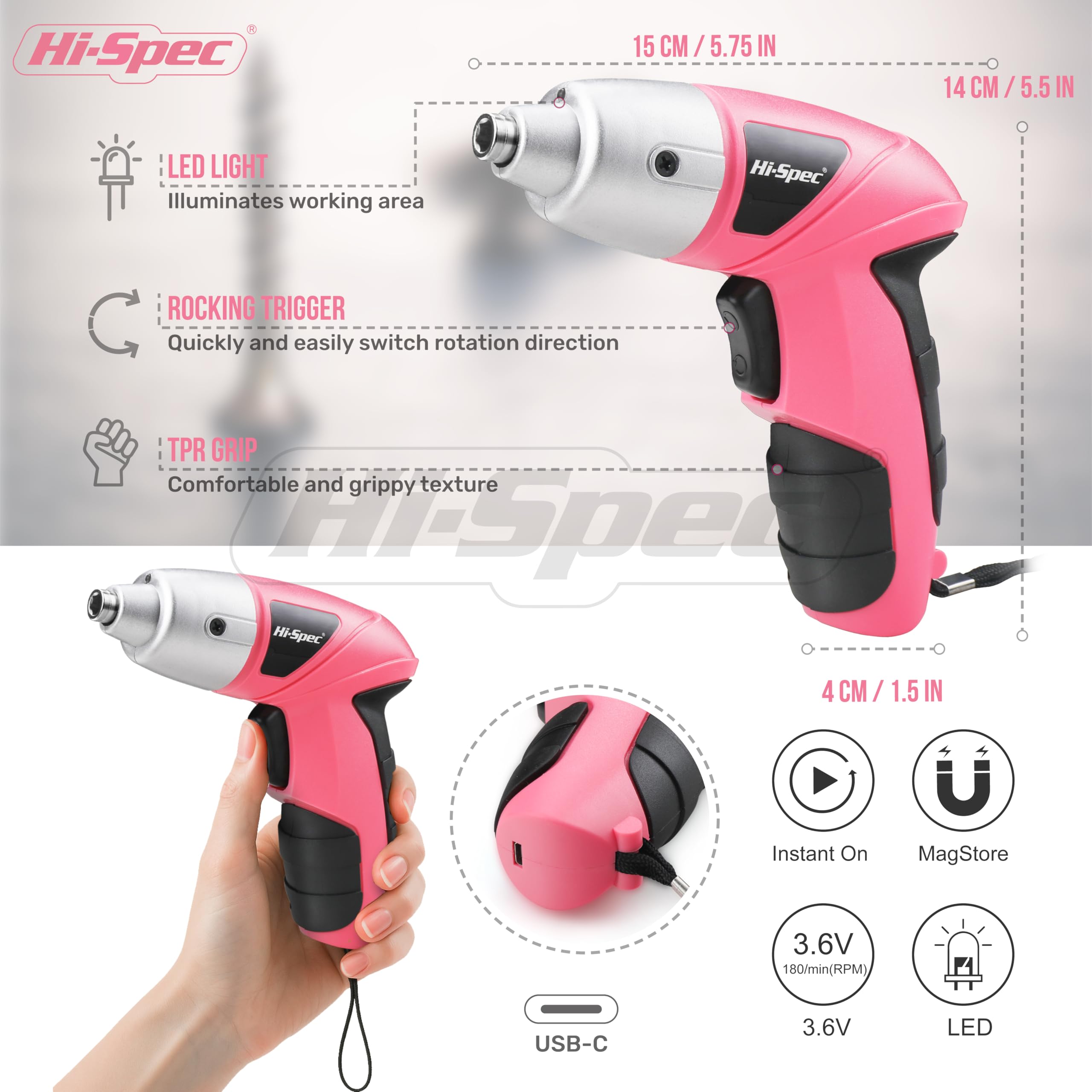 Hi-Spec Electric Screwdriver 19pc 3.6V Pink USB Small Power Screwdriver Set. Cordless & Rechargeable wtih Compact Hand Tool Box Set