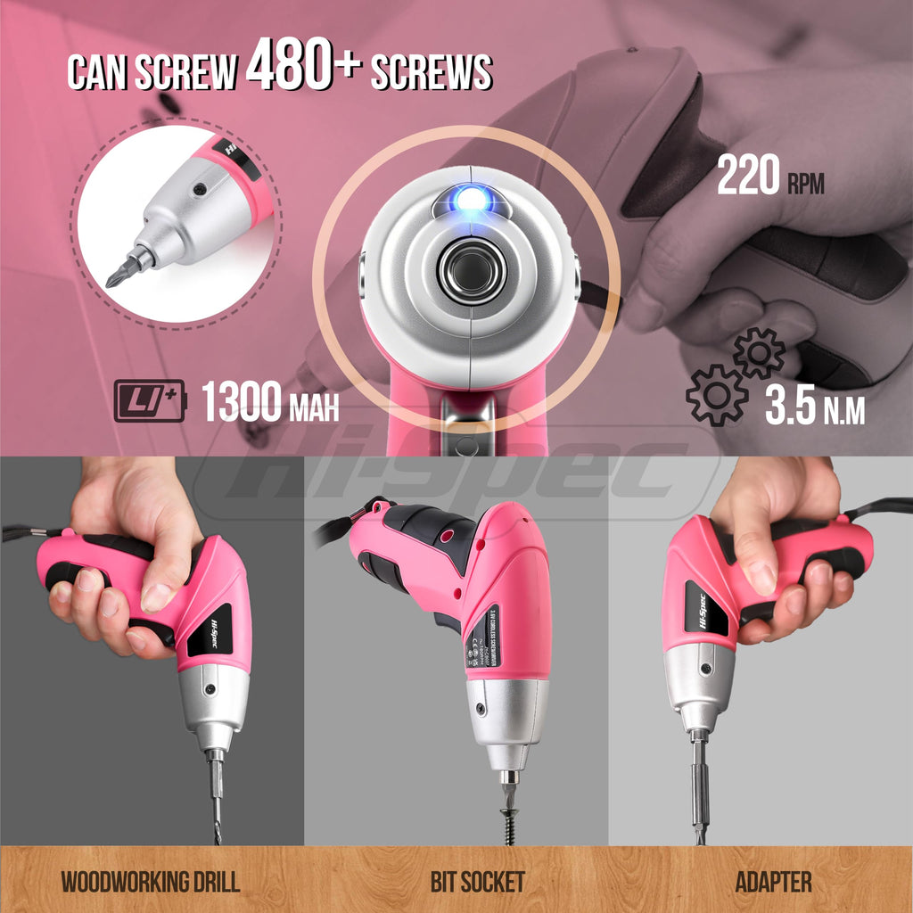 Hi-Spec Electric Screwdriver 19pc 3.6V Pink USB Small Power Screwdriver Set. Cordless & Rechargeable wtih Compact Hand Tool Box Set