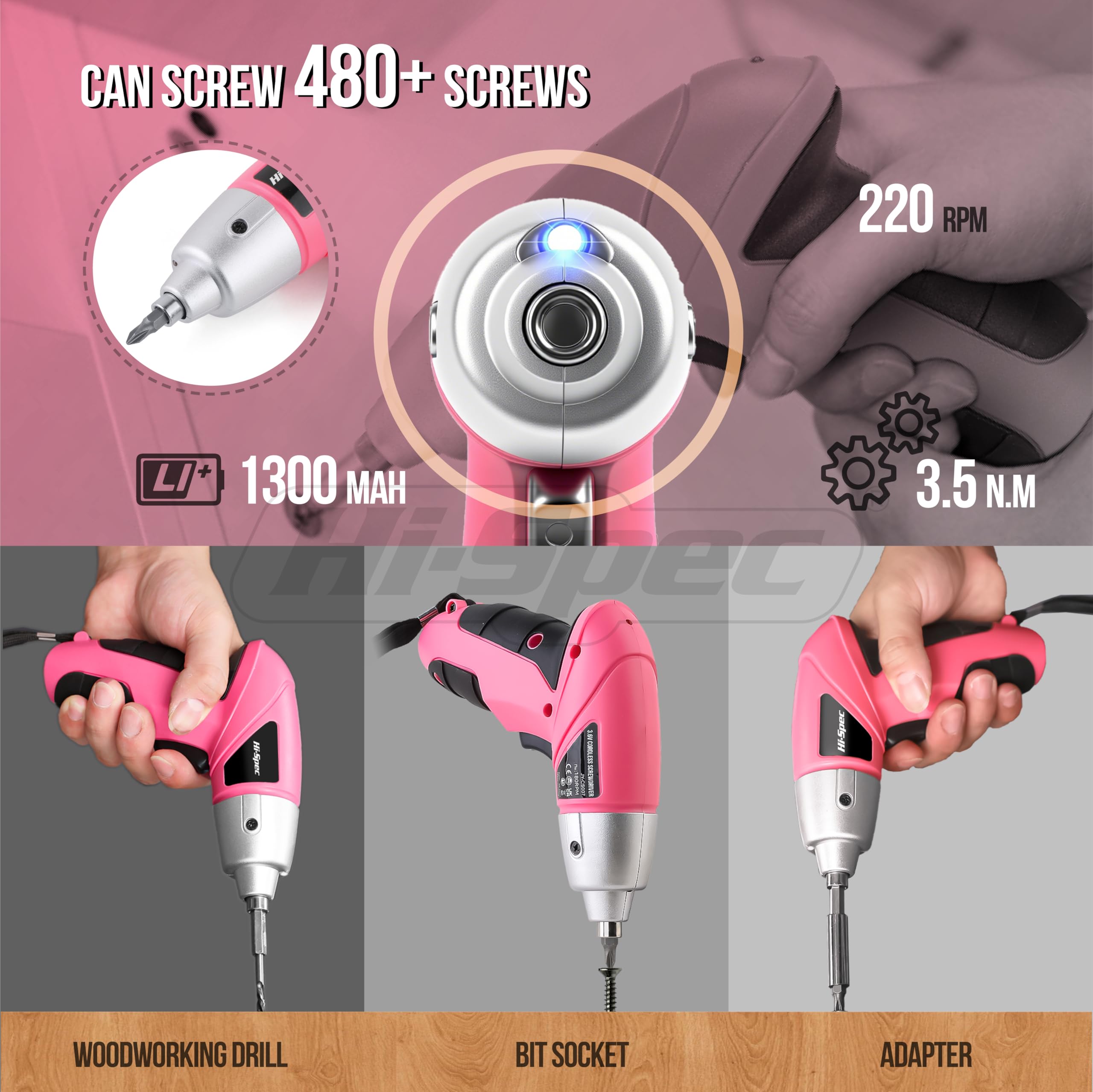 Hi-Spec Electric Screwdriver 19pc 3.6V Pink USB Small Power Screwdriver Set. Cordless & Rechargeable wtih Compact Hand Tool Box Set