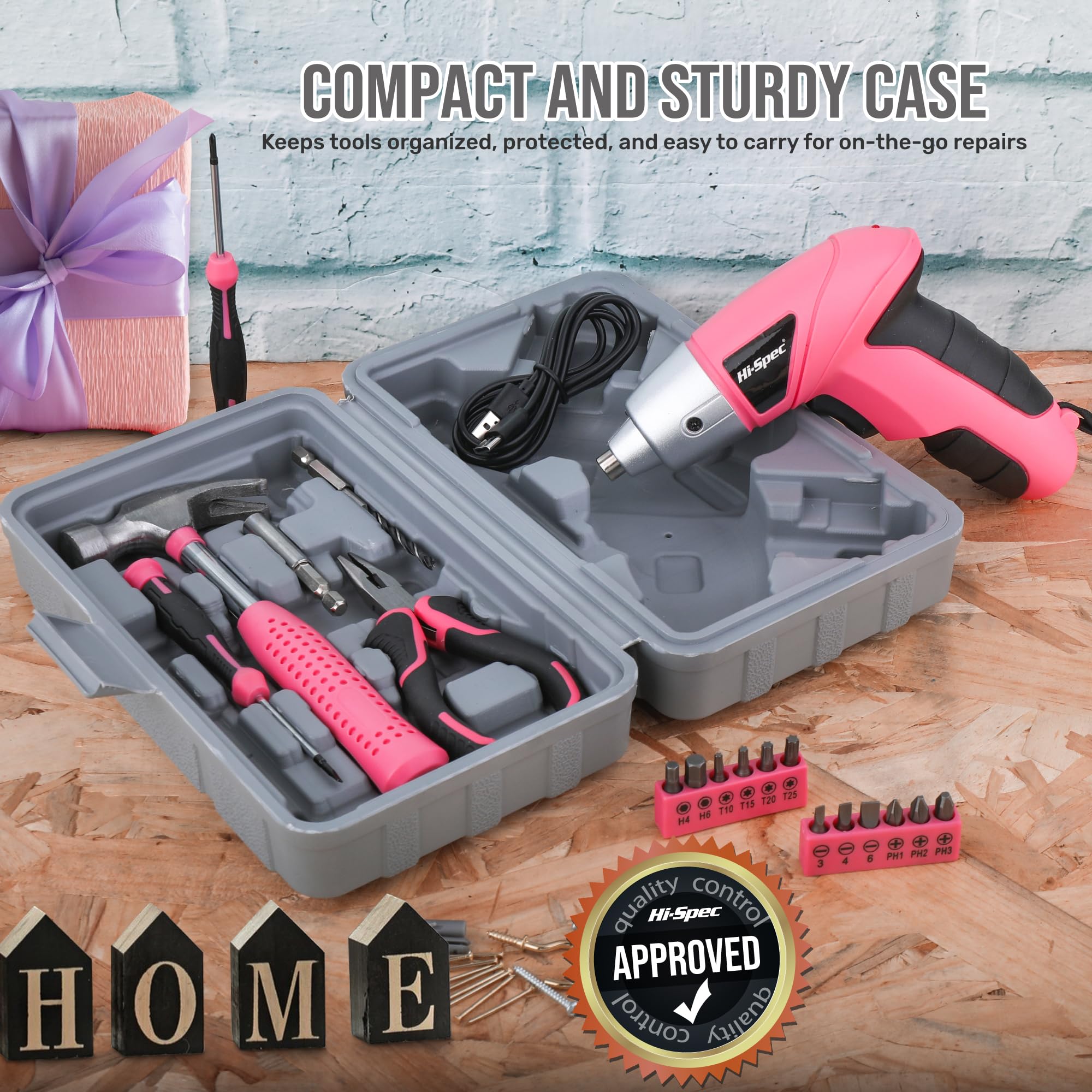 Hi-Spec Electric Screwdriver 19pc 3.6V Pink USB Small Power Screwdriver Set. Cordless & Rechargeable wtih Compact Hand Tool Box Set